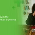 Woman sitting at a table with hands covering her face, symbolizing emotional turmoil and coping with divorce, with green text overlay reading “How to Cope With the Emotional Turmoil of Divorce.”